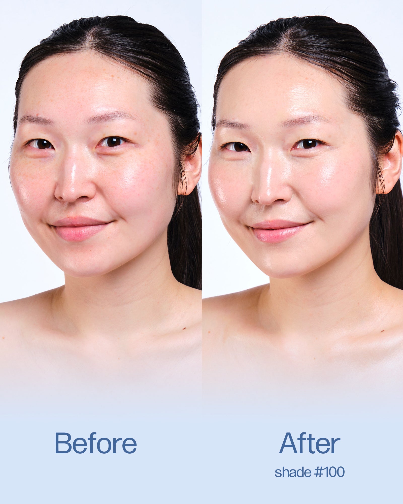 Before and after comparison of a woman's face with 'Before' on the left and 'After' on the right, labeled with shade #100.