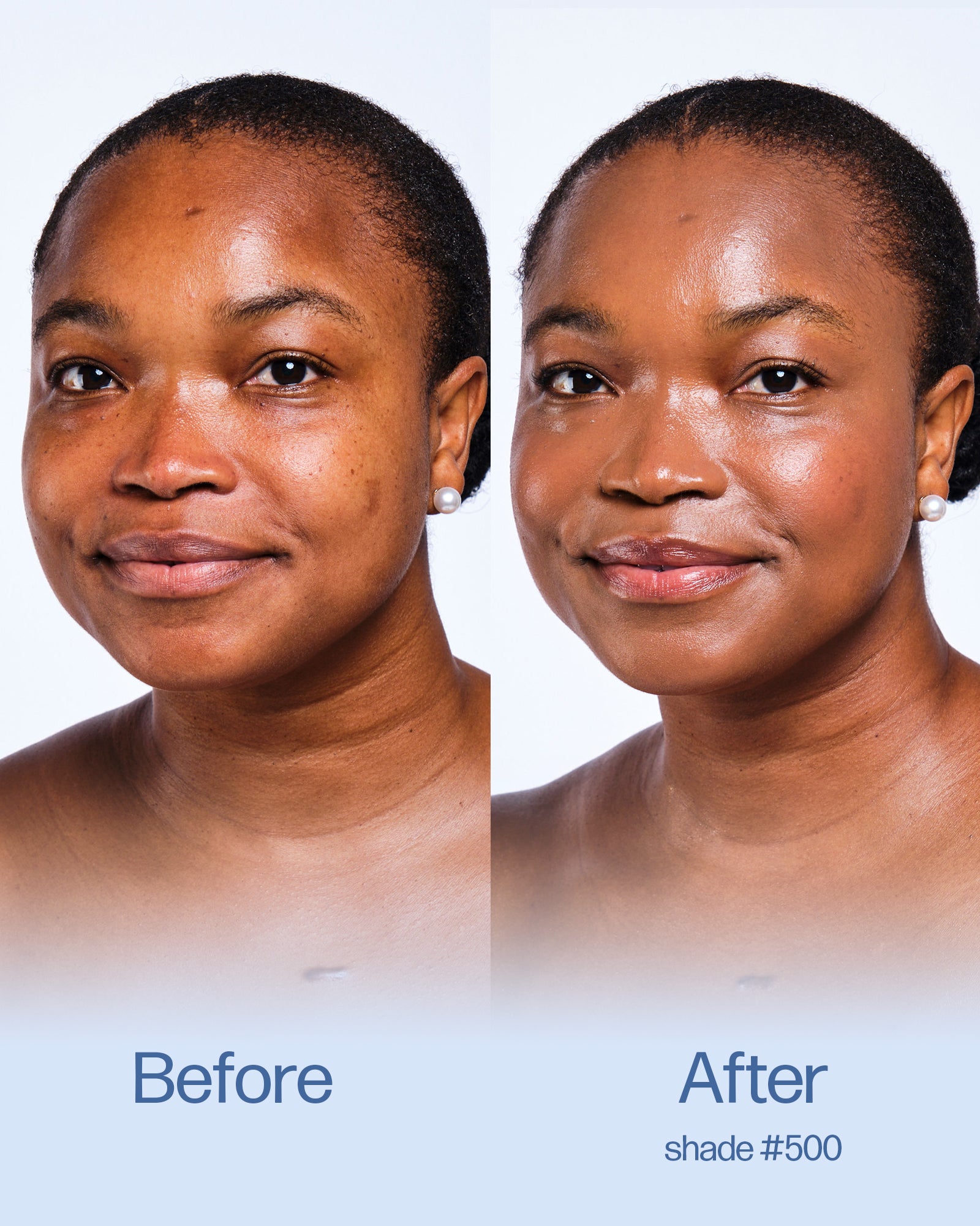 Before and after comparison of a woman's face with text indicating 'Before' and 'After'. Shade 500.