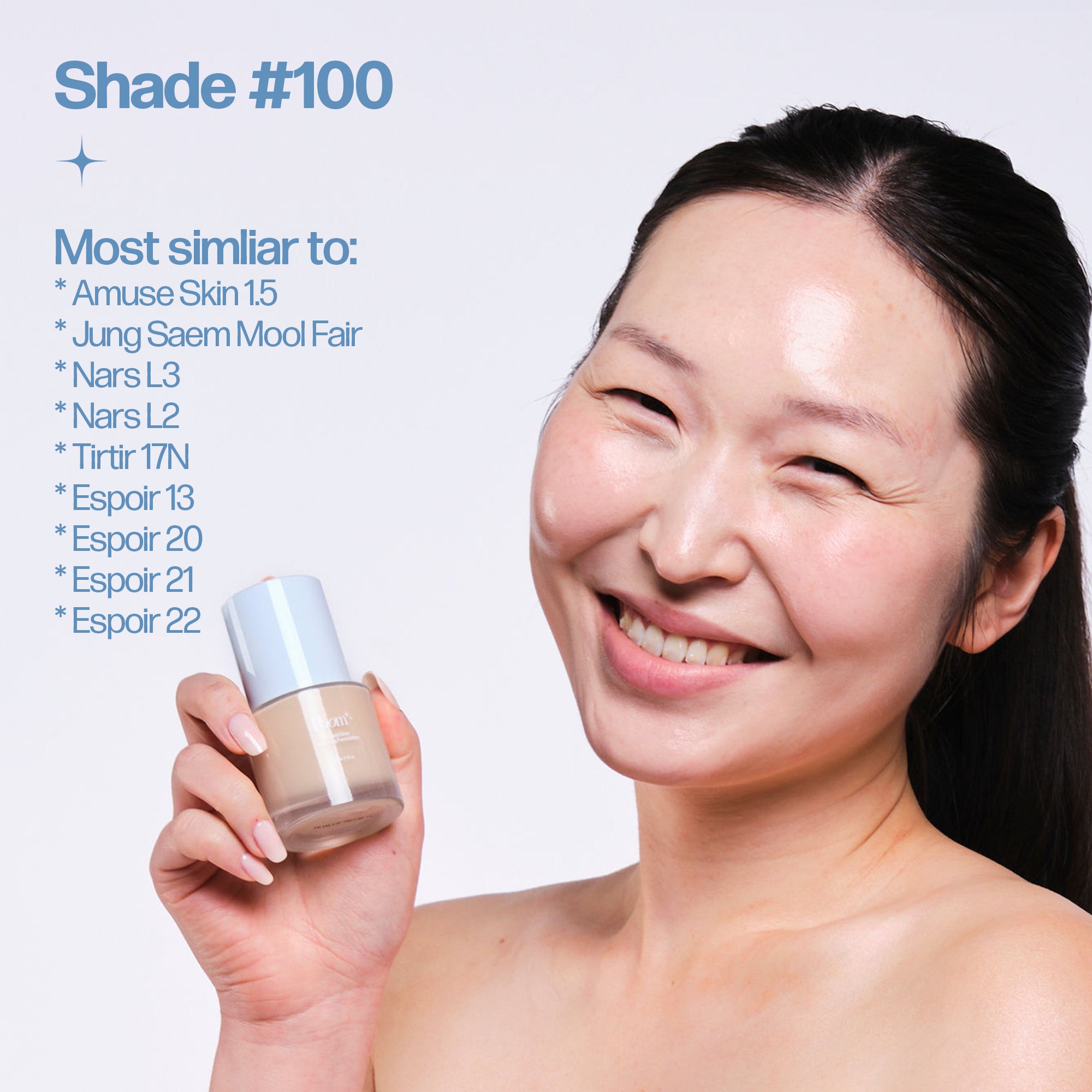 Woman holding a Poom foundation bottle for Shade #100 with shade comparison information on a light gray background