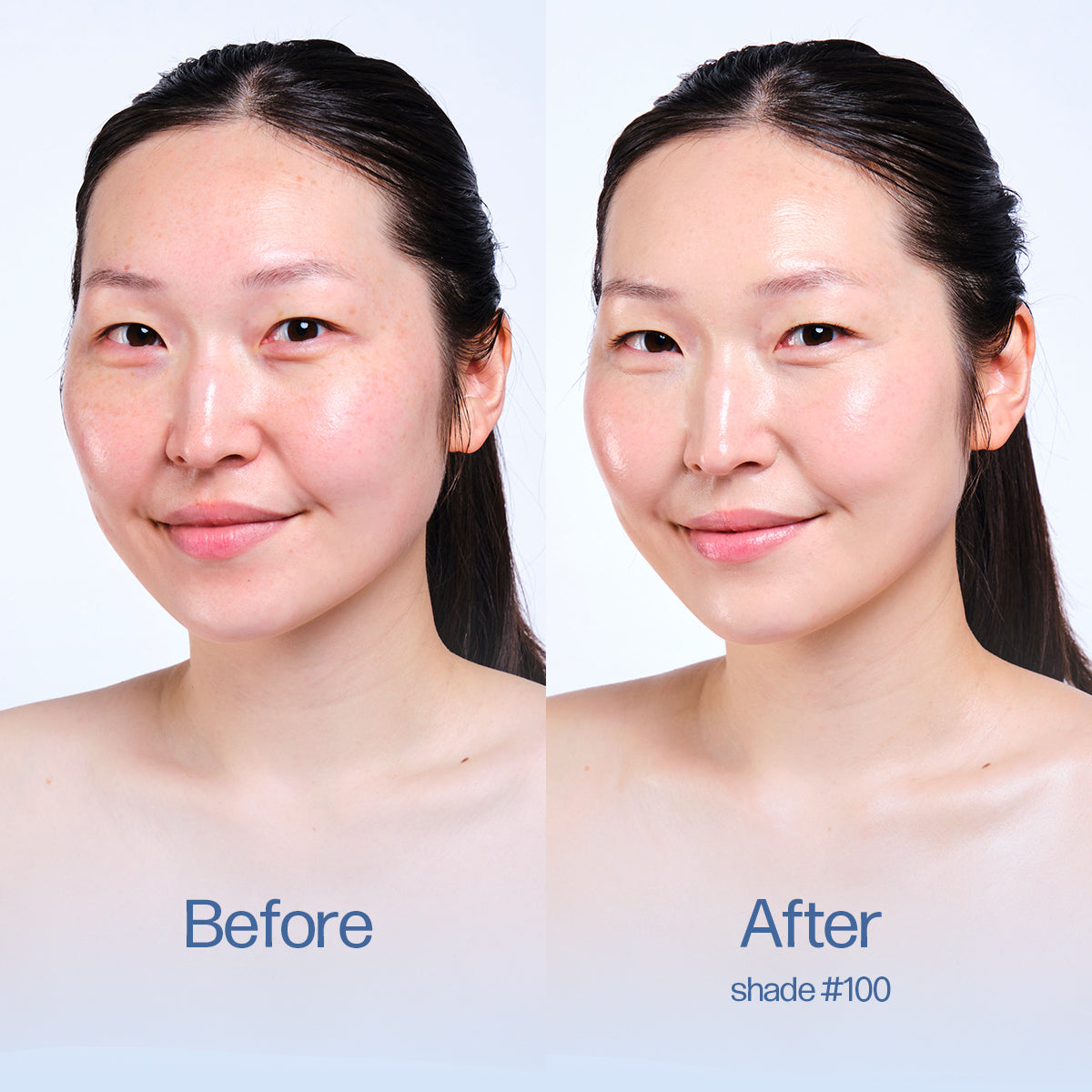 Before and after comparison of a woman's face with 'Before' on the left and 'After' on the right, labeled with shade #100.