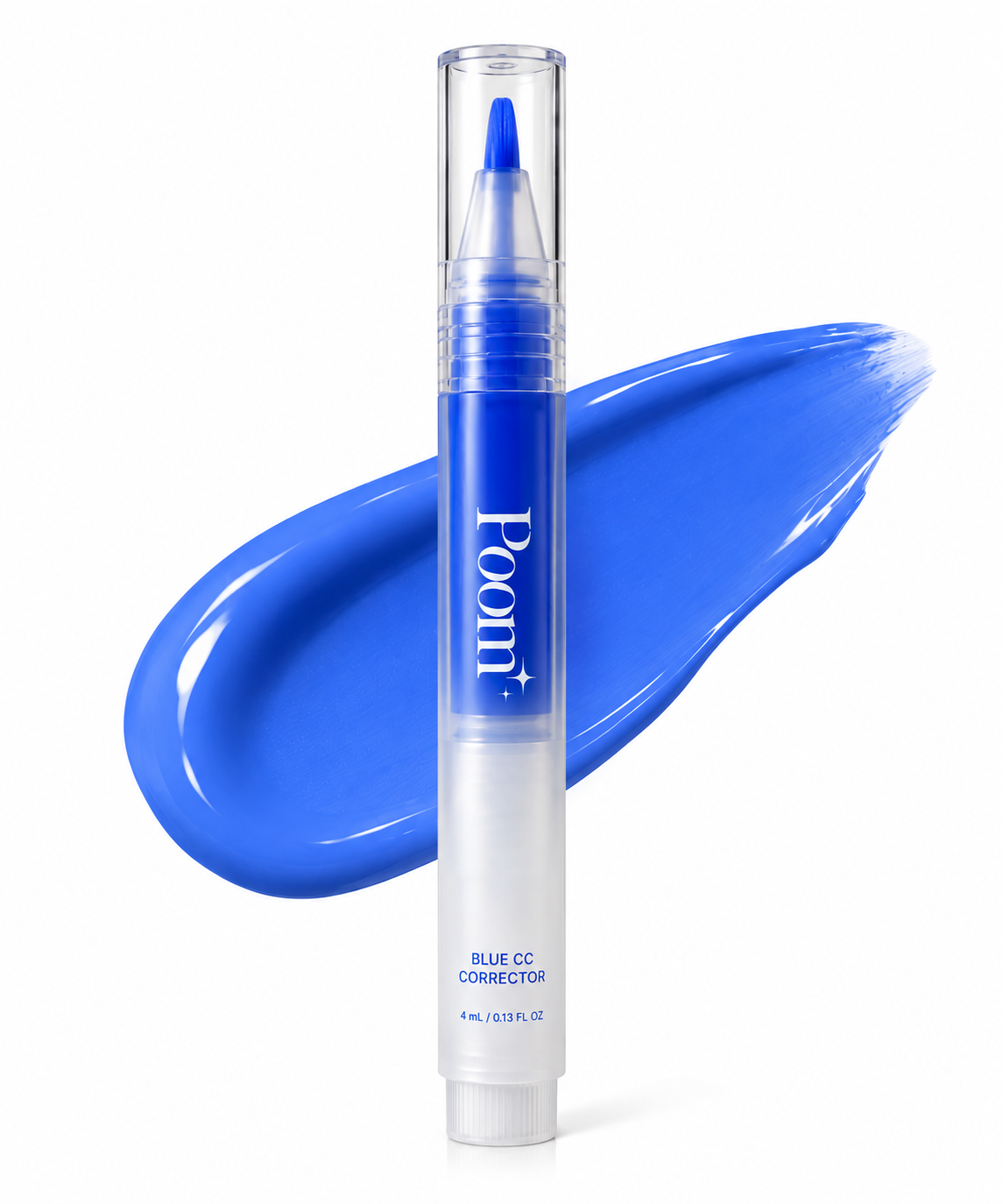 A single blue CC connector makeup stick by Poom, shown upright on a white background with a large blue swatch behind it. The product tube is clear with a bright blue cap and visible blue text reading 'Boom' and 'BLUE CC CONNECTOR.