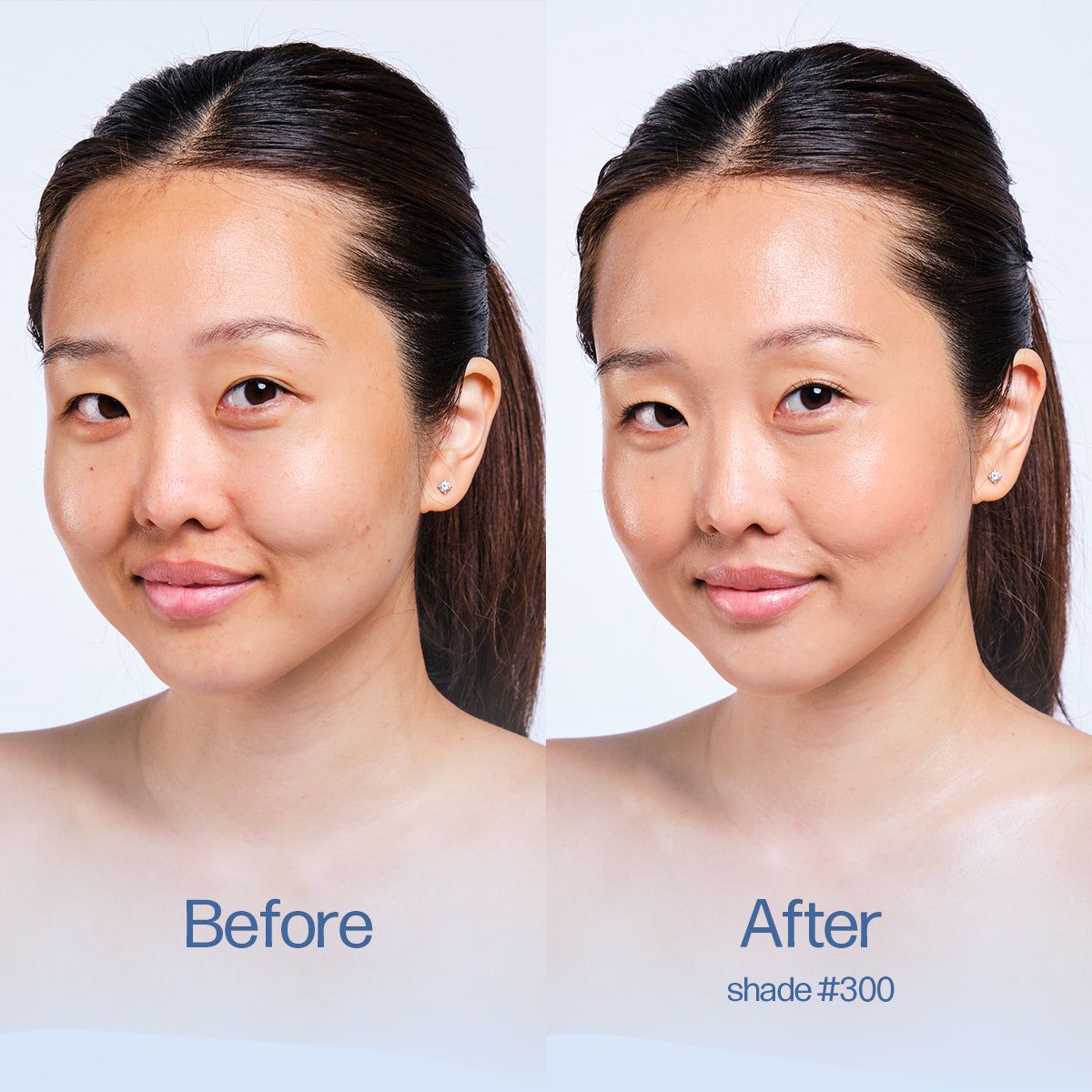 Before and after comparison of a woman's face with 'Before' on the left and 'After' on the right, showing a cosmetic product application. Shade 300