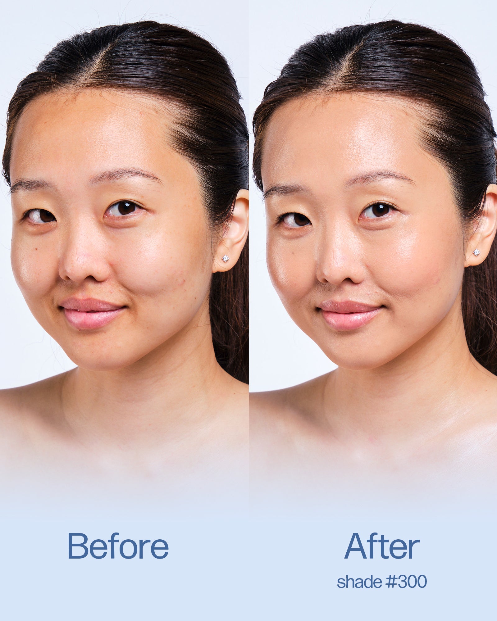 Before and after comparison of a woman's face with 'Before' on the left and 'After' on the right, labeled with shade #300.