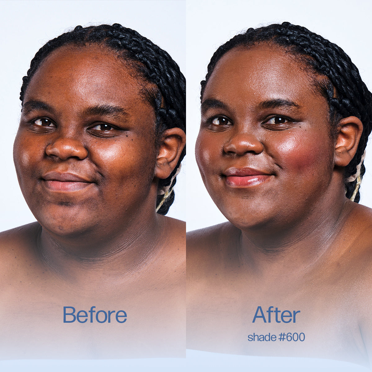 Before and after comparison of a woman with text indicating 'Before' and 'After' with shade #600.