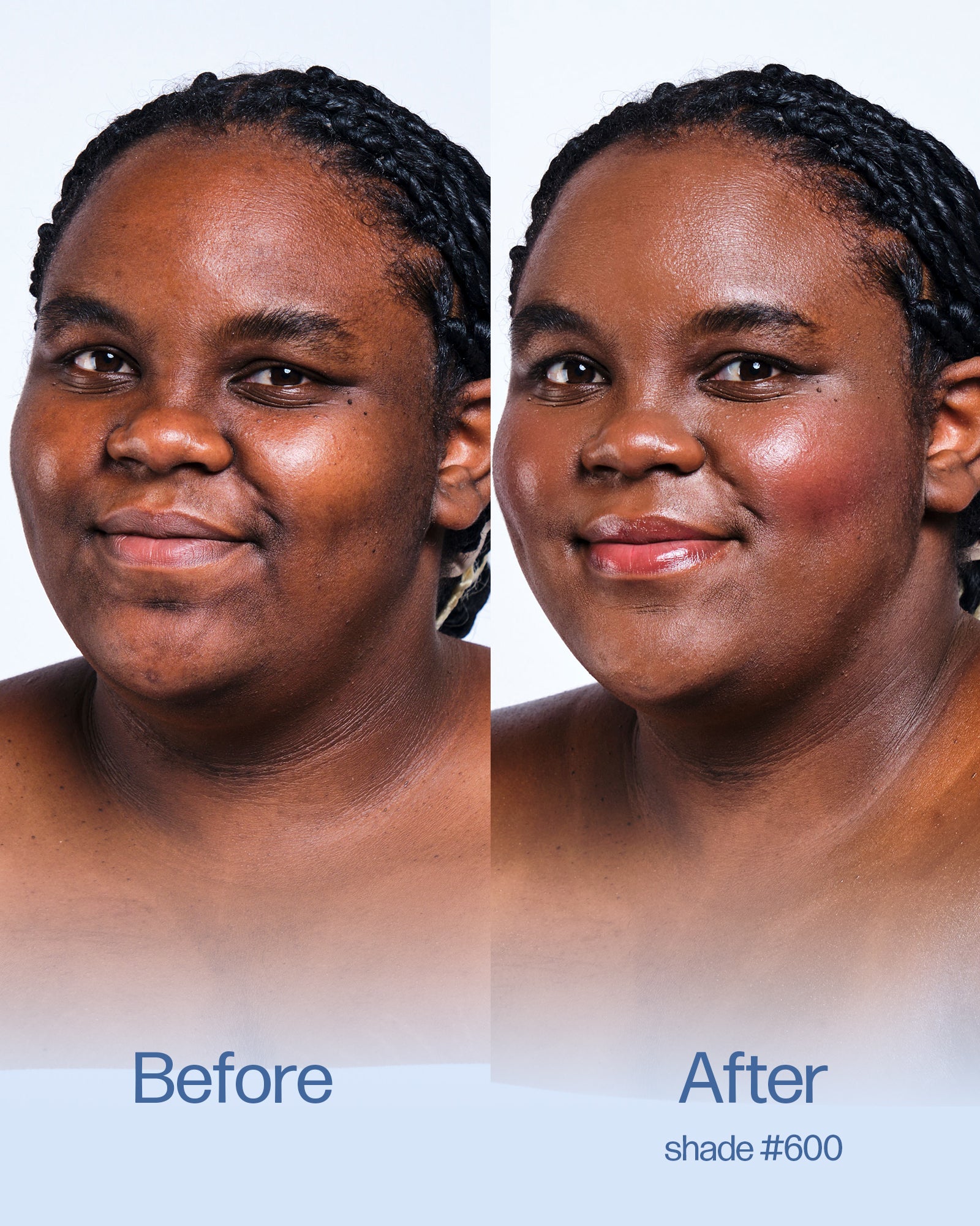 Before and after comparison of a person with visible skin tone change, labeled 'Before' and 'After' on a plain background. Shade 600.