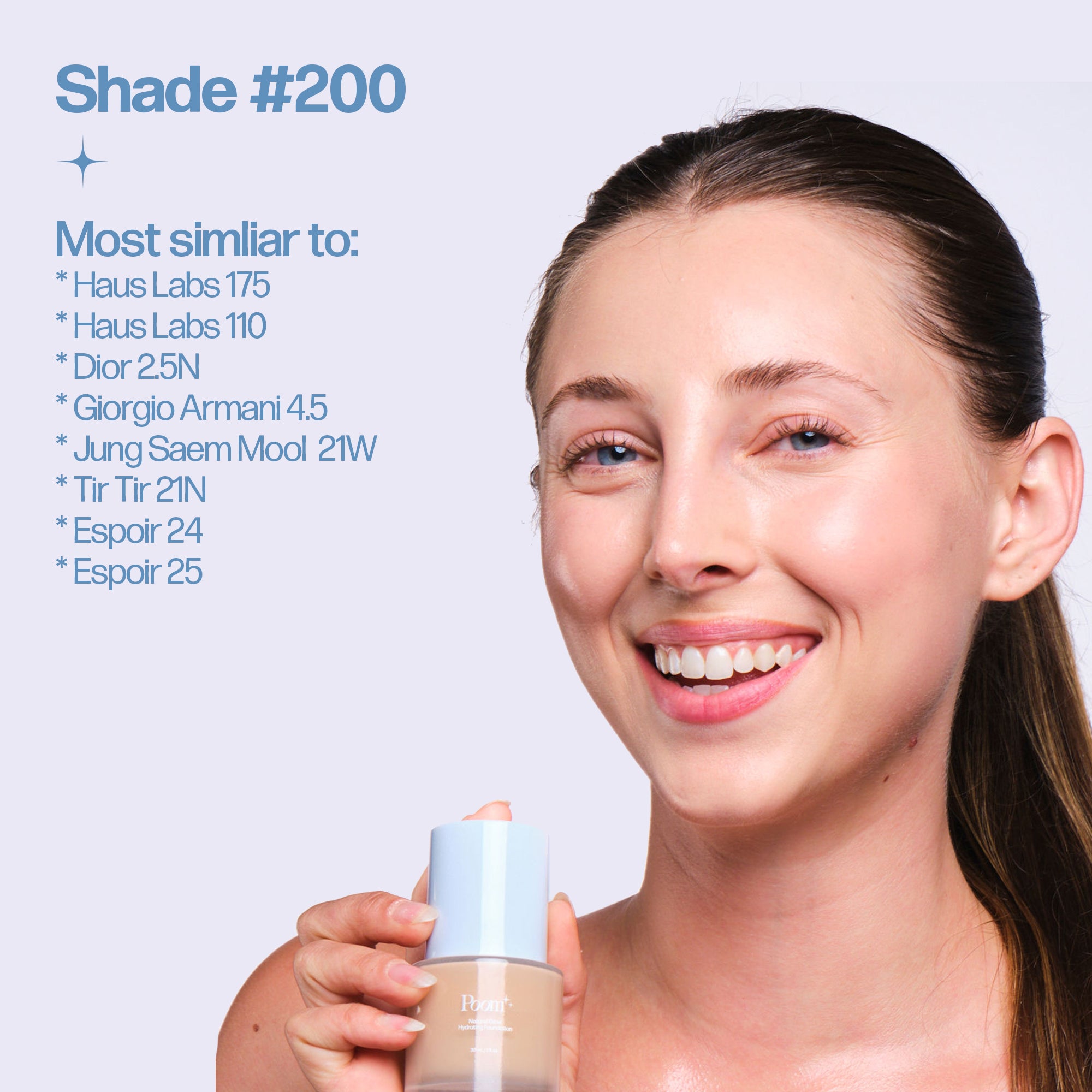 Woman holding a Poom foundation bottle for Shade #200 with shade comparison information on a light purple background