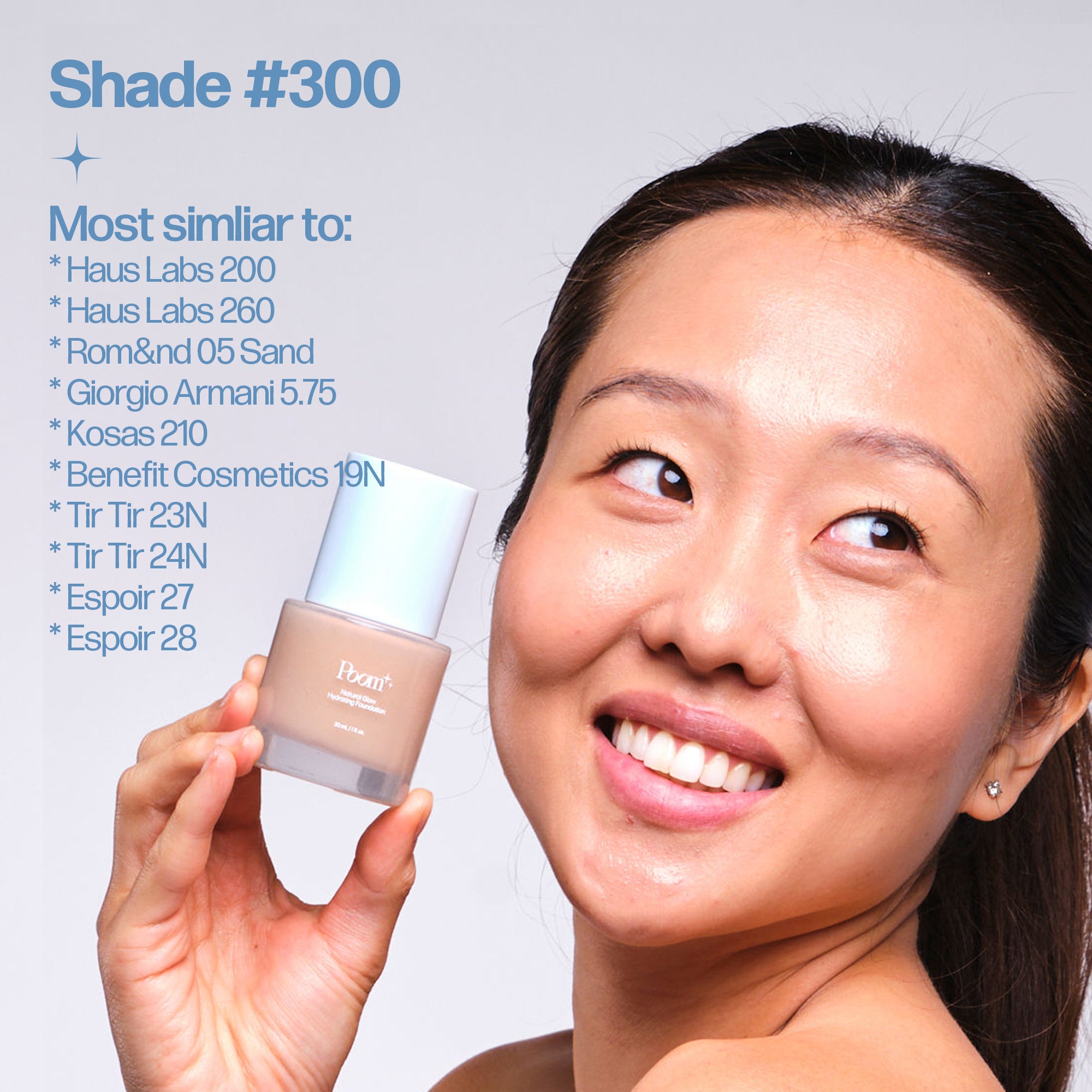 Woman holding a cosmetic product with text on a gray background
