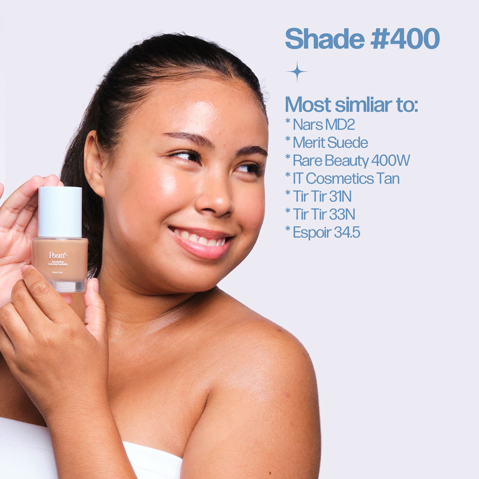 Woman holding a skincare product with color swatch information on a light blue background