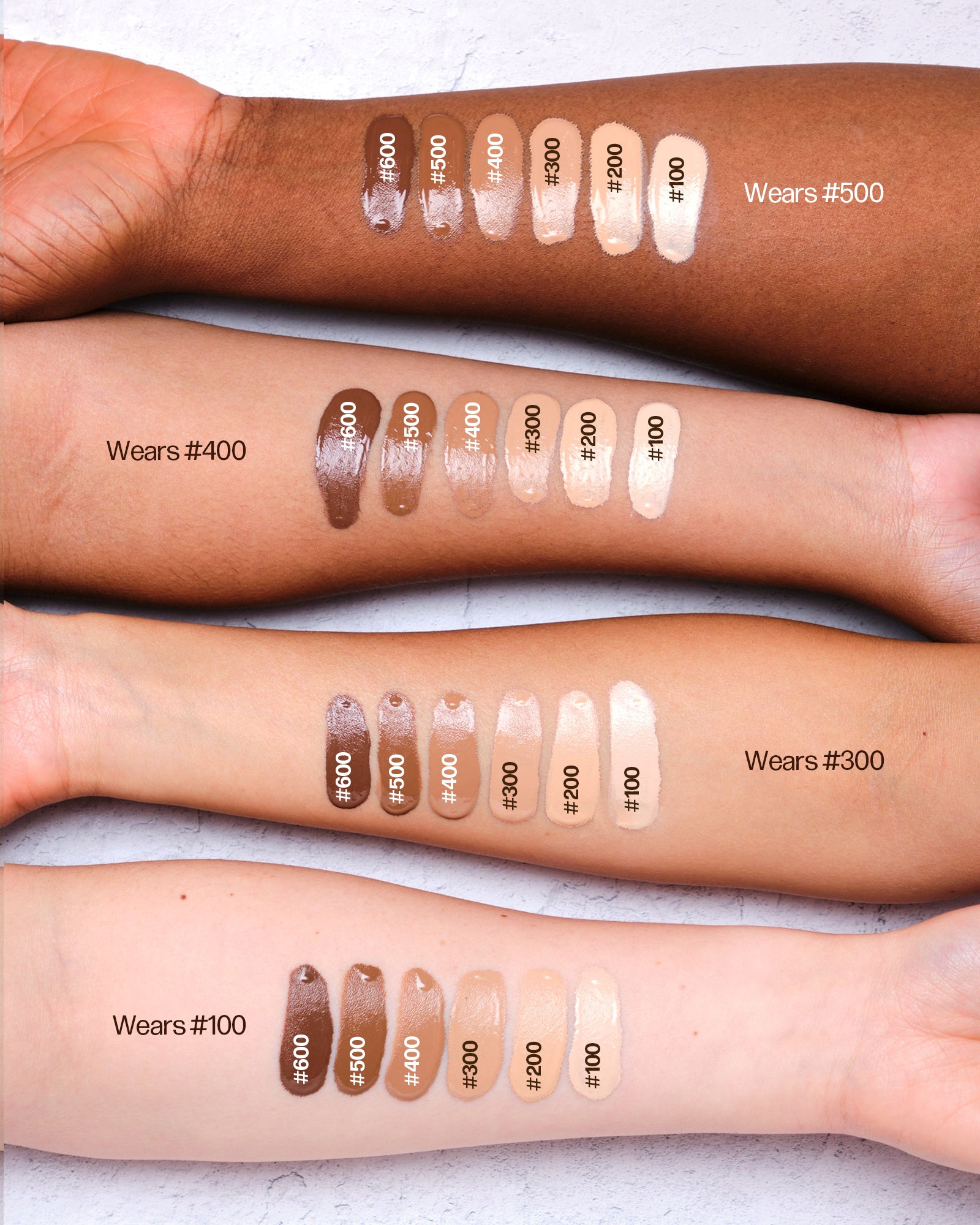 Swatches of makeup on different skin tones with color codes.