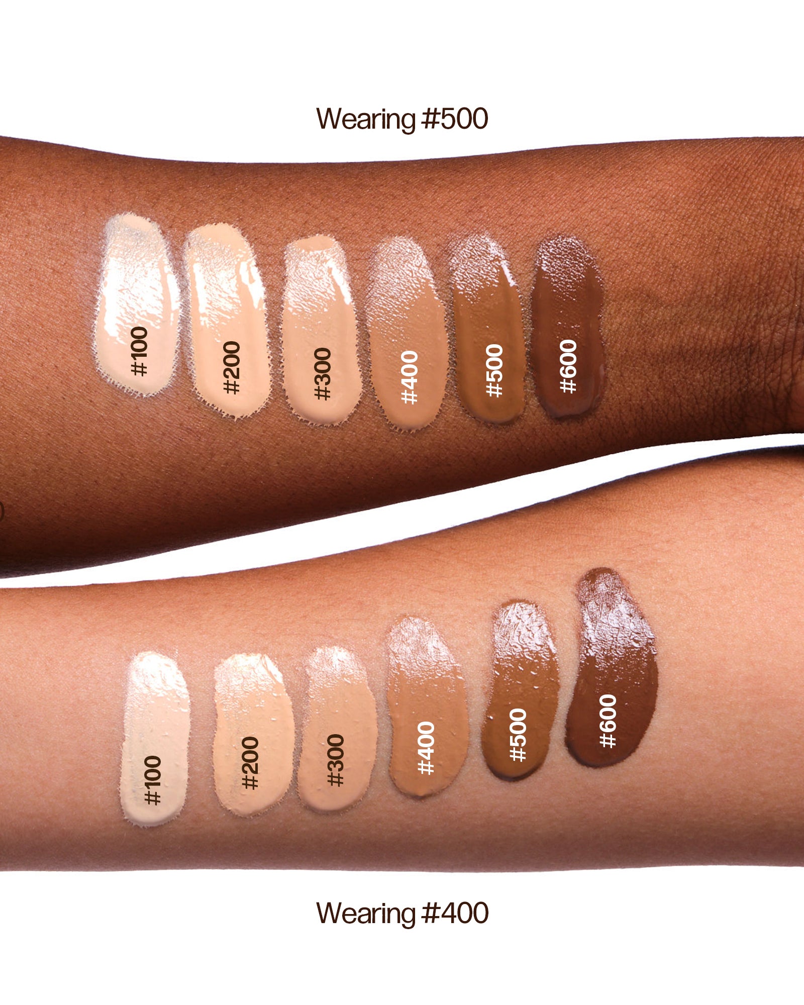 Color swatches on arms wearing different shades of makeup.
