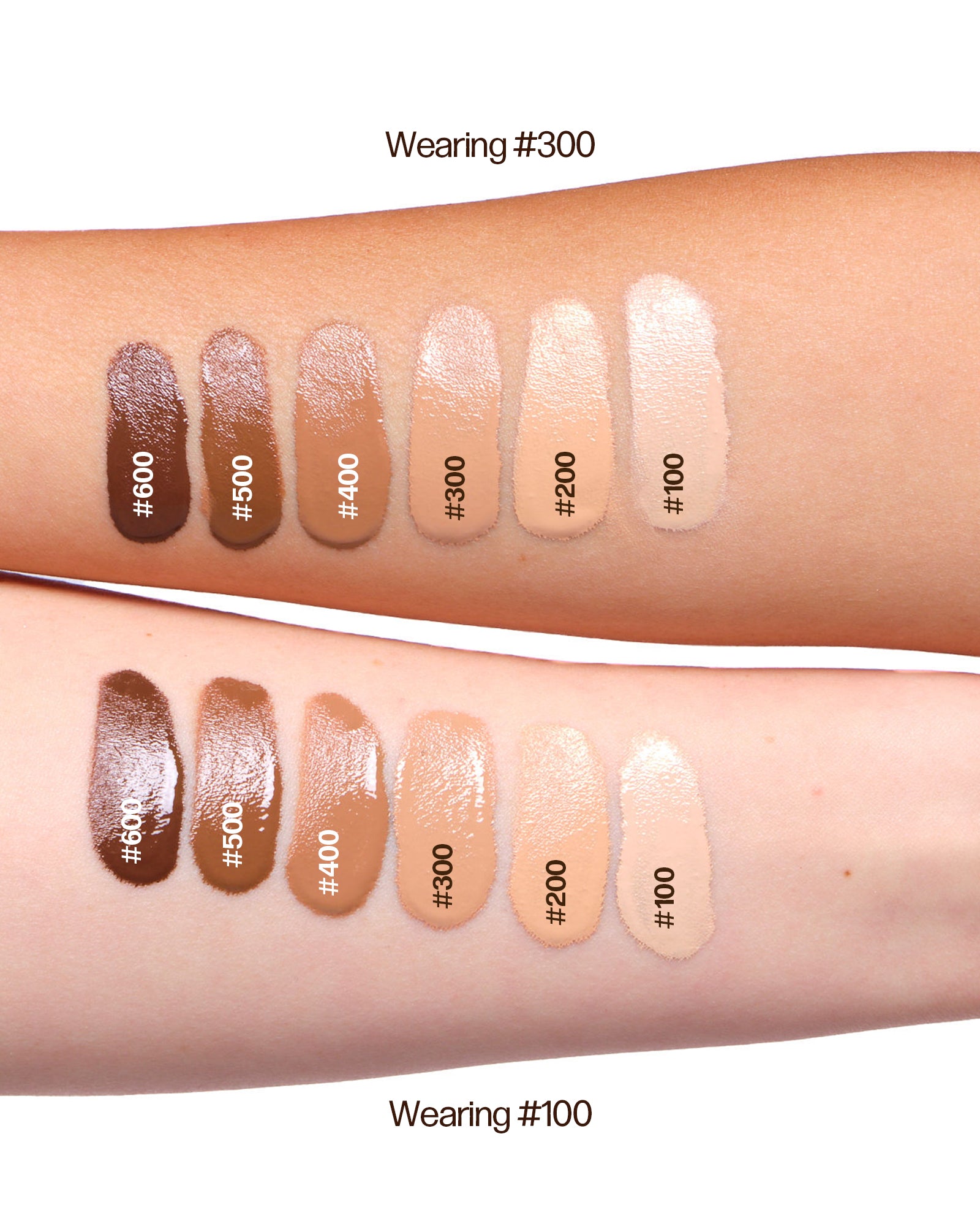 Foundation swatches on two arms with color codes #600, #500, #400, #300, #200, and #100.
