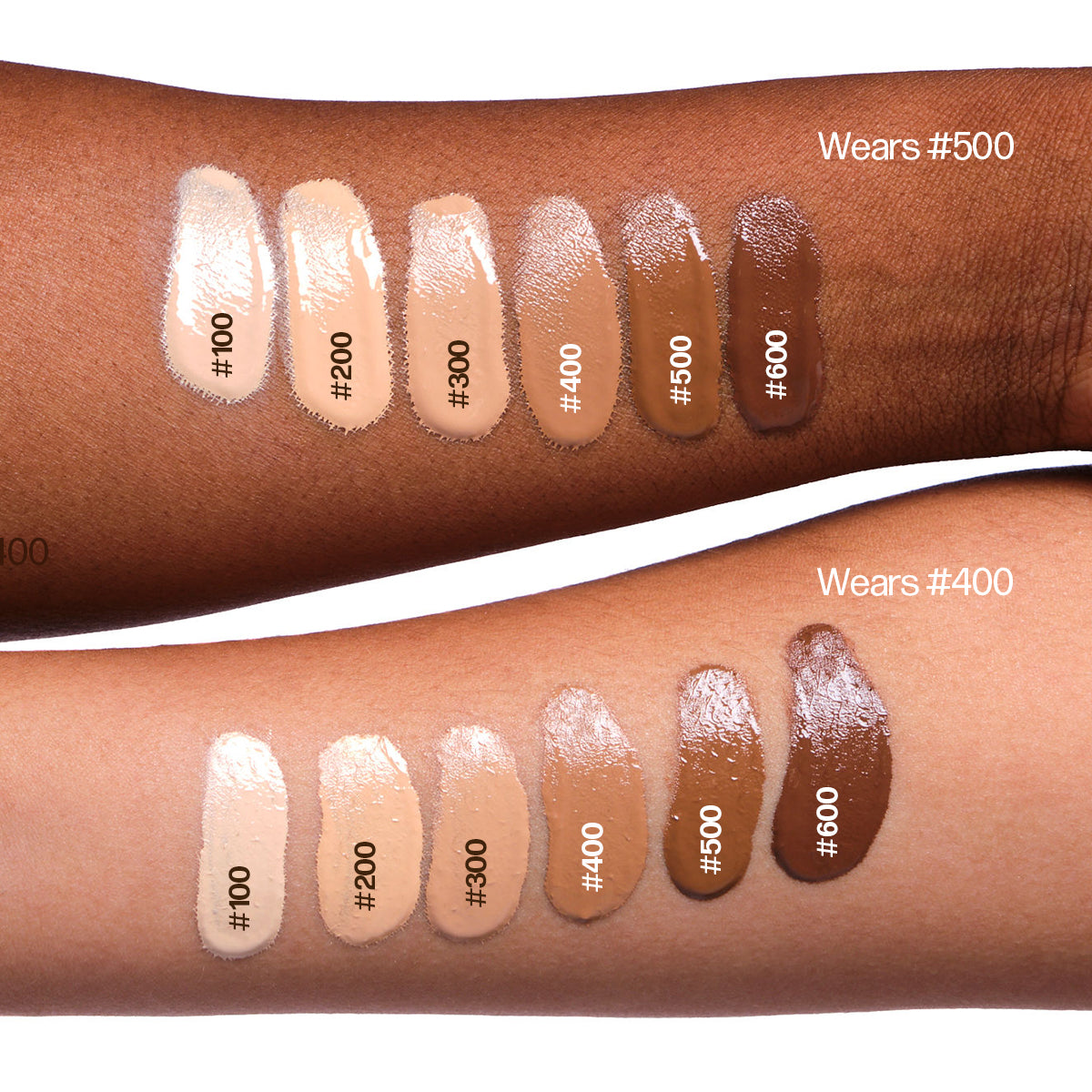 Foundation Swatches of makeup products on two different skin tones with color codes. Starts with 600, 500, 400, 300, 200, and 100