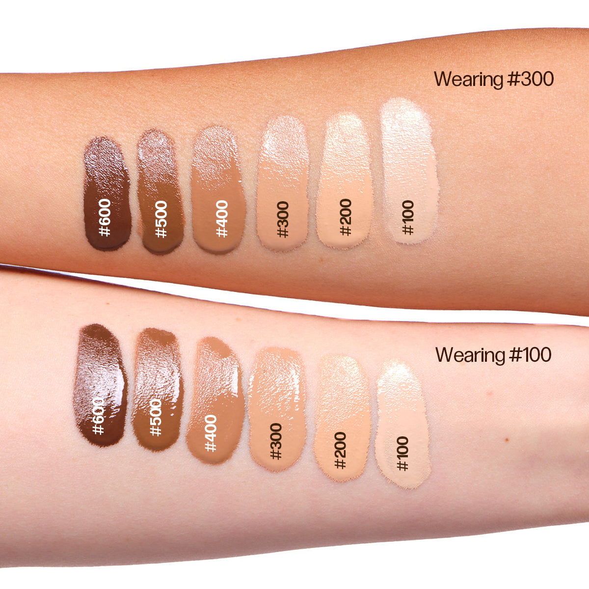 Foundation swatches on a person's arm with color codes and labels. Shades 600, 500, 400, 300, 200, and 100